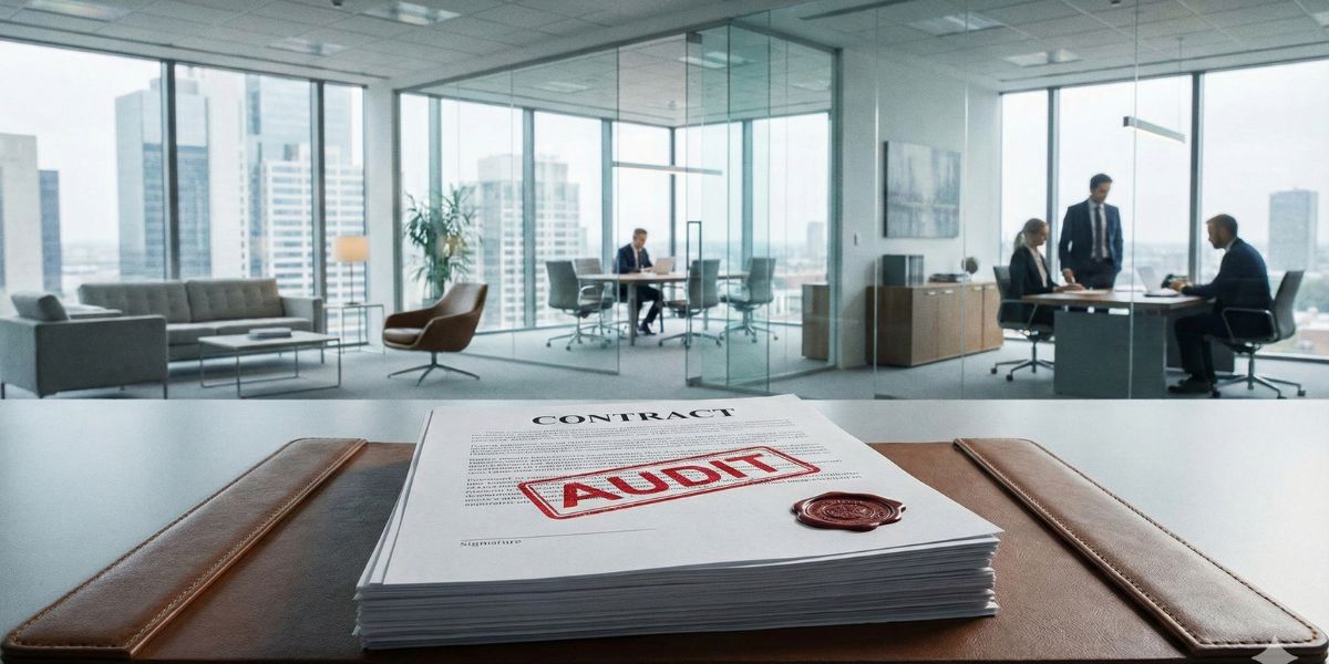 Ejecutivo de IT revisando una notificación oficial de auditoría de cumplimiento de software de proveedores como Oracle o Microsoft.